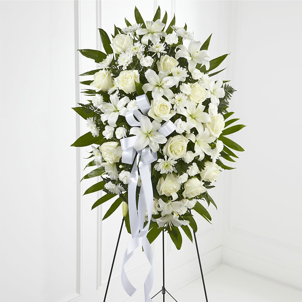 Exquisite Tribute Standing Spray-White Ribbon – AMCS FLOWERS & PERSONAL SERVICES LLC, Chesapeake VA