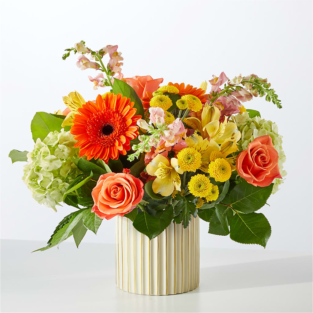 Autumn Sunshine Bouquet with Ivory Vase – AMCS FLOWERS & PERSONAL SERVICES LLC, Chesapeake VA