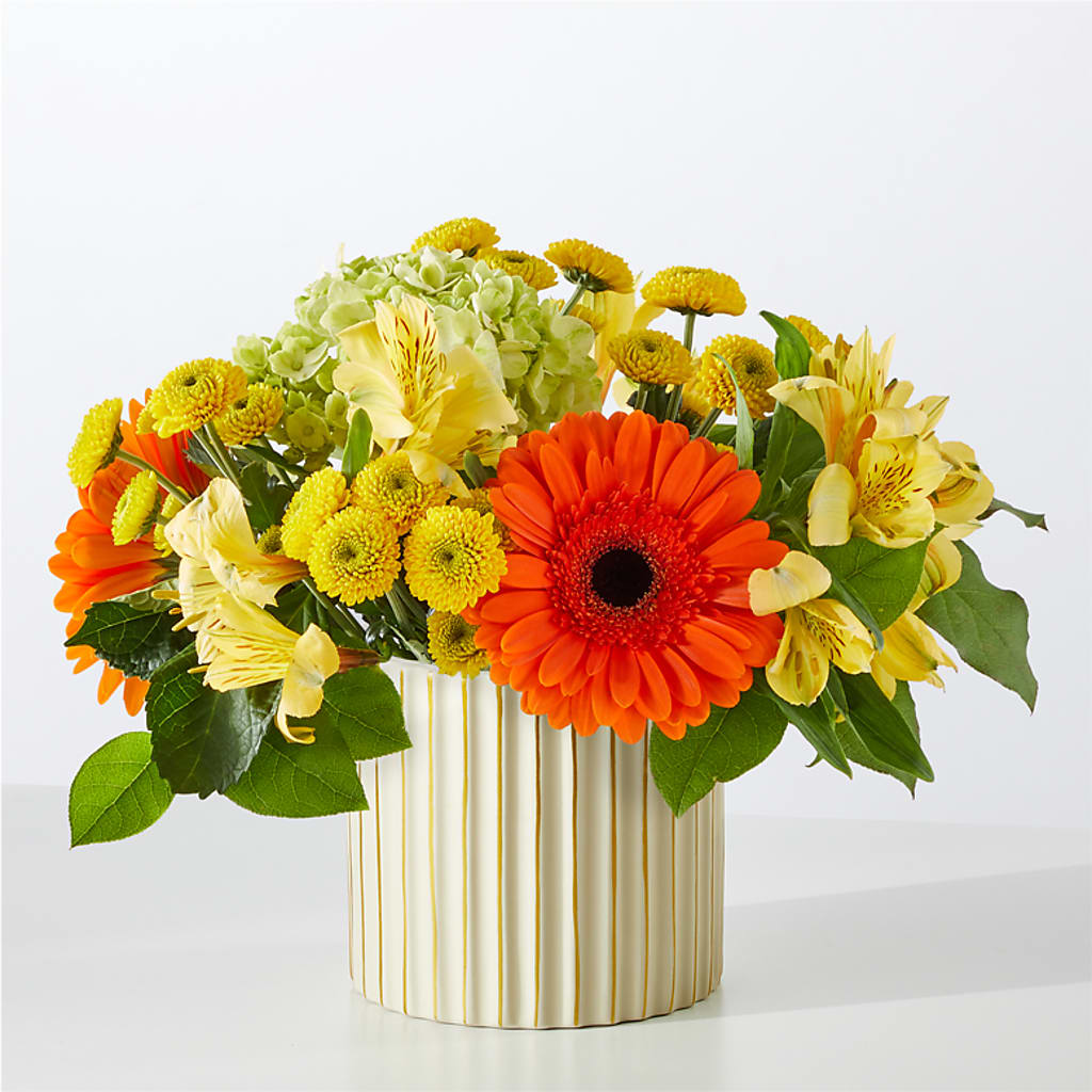 Autumn Sunshine Bouquet with Ivory Vase – AMCS FLOWERS & PERSONAL SERVICES LLC, Chesapeake VA
